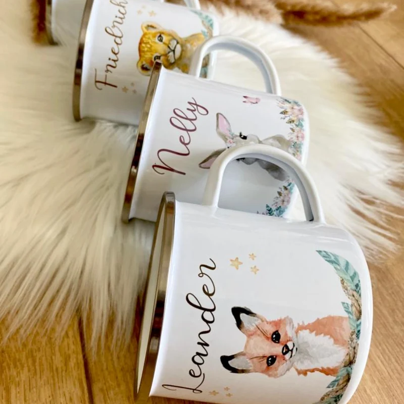 Kindertasse Fuchs mit Namen des Kindes | Trinkbecher aus Emaille für Mädchen u. Jungen I Personalisierte Tasse als tolles Geschenk | 4 Motivvarianten zur Auswahl