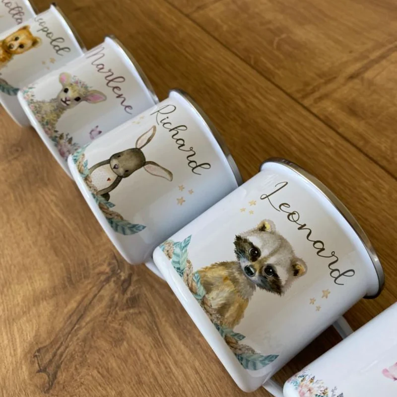 Kindertasse Fuchs mit Namen des Kindes | Trinkbecher aus Emaille für Mädchen u. Jungen I Personalisierte Tasse als tolles Geschenk | 4 Motivvarianten zur Auswahl
