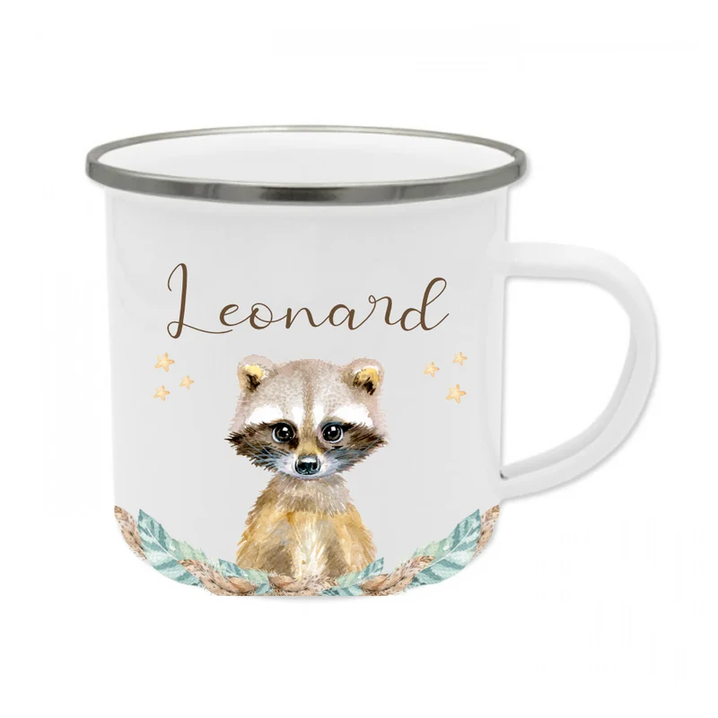 Kindertasse Waschbär mit Namen des Kindes | Trinkbecher aus Emaille für Mädchen u. Jungen I Personalisierte Tasse als tolles Geschenk | 4 Motivvarianten zur Auswahl