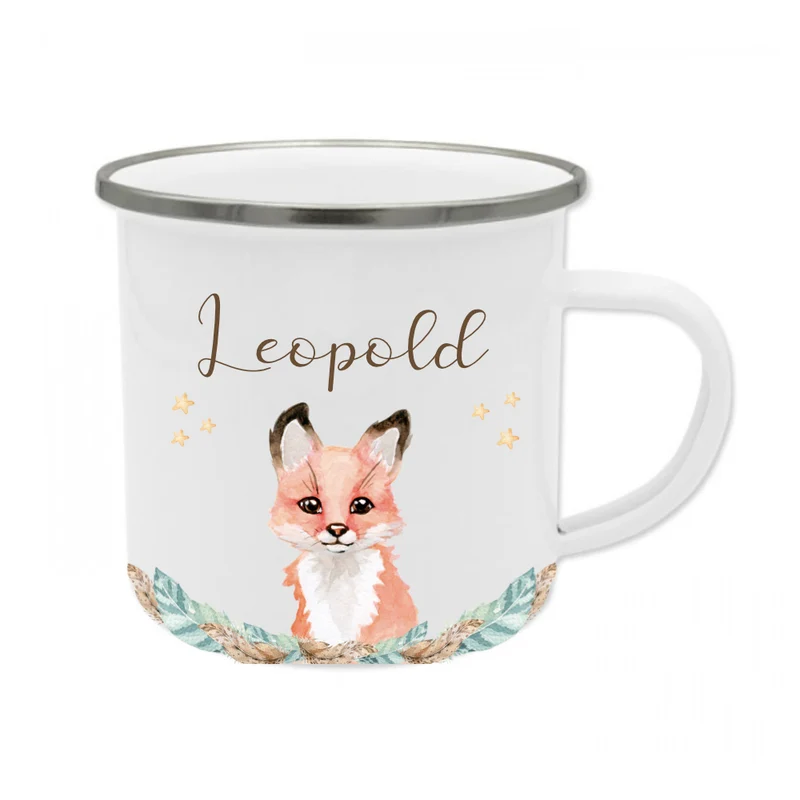 Kindertasse Waschbär mit Namen des Kindes | Trinkbecher aus Emaille für Mädchen u. Jungen I Personalisierte Tasse als tolles Geschenk | 4 Motivvarianten zur Auswahl