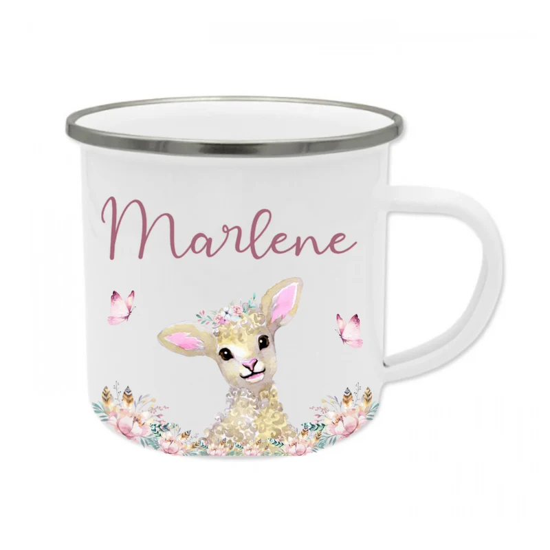 Kindertasse Waschbär mit Namen des Kindes | Trinkbecher aus Emaille für Mädchen u. Jungen I Personalisierte Tasse als tolles Geschenk | 4 Motivvarianten zur Auswahl
