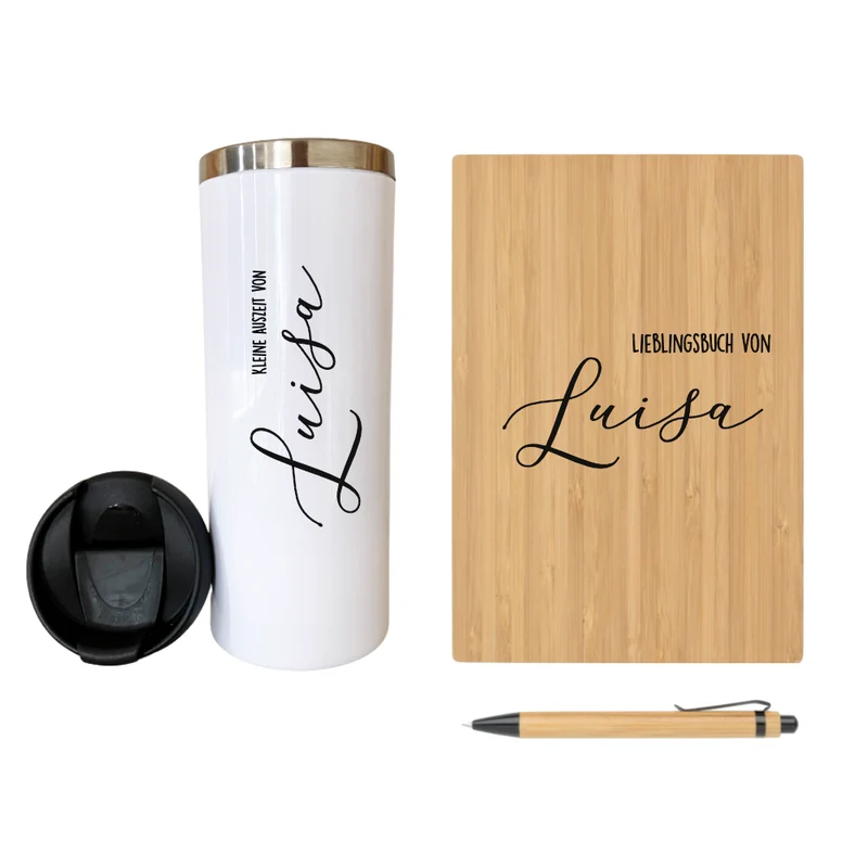 Kaffeebecher "Kleine Auszeit" und Notizbuch " Lieblingsbuch" mit Namen für Sie u. Ihn | Personalisiertes Geschenkset für Frauen u. Männer | besondere Geschenkidee zum Geburtstag