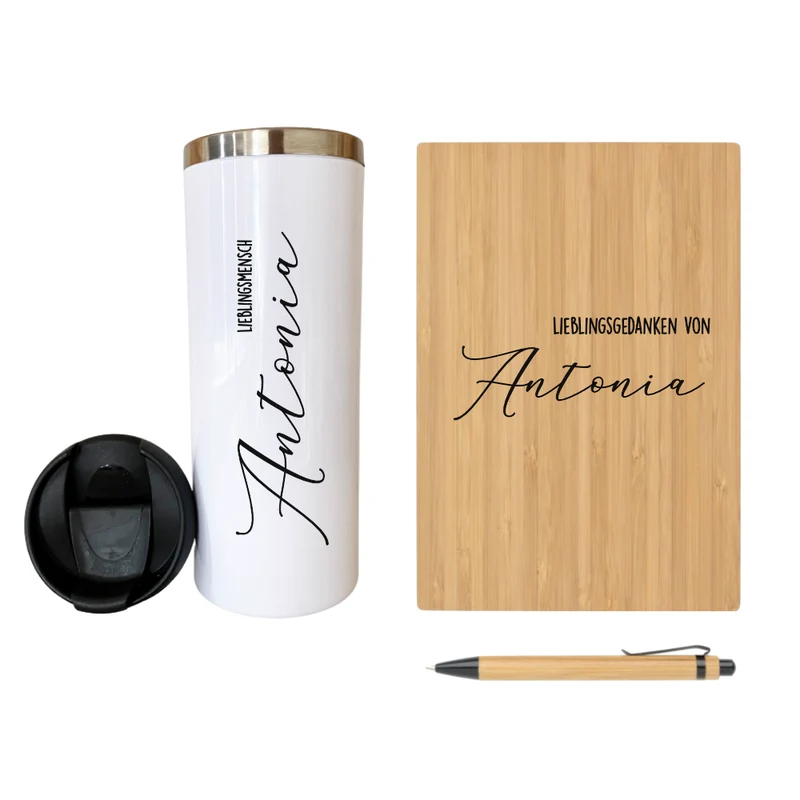 Geschenkset Thermobecher und Notizbuch "Lieblingsmensch - Lieblingsgedanken" mit Namen für Sie u. Ihn | Personalisiertes Geschenk für Frauen u. Männer | Geschenkidee zum Geburtstag, als Dankeschön