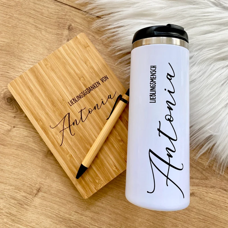 Geschenkset Thermobecher und Notizbuch "Lieblingsmensch - Lieblingsgedanken" mit Namen für Sie u. Ihn | Personalisiertes Geschenk für Frauen u. Männer | Geschenkidee zum Geburtstag, als Dankeschön