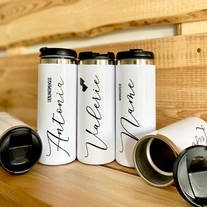 Thermobecher aus Edelstahl mit Namen u. Wunschtext für Sie u. Ihn | Personalisiertes Geschenk für Frauen u. Männer | Geschenkidee zum Geburtstag, als Dankeschön | Kaffeebecher für die beste Freundin | 5 Motivvarianten