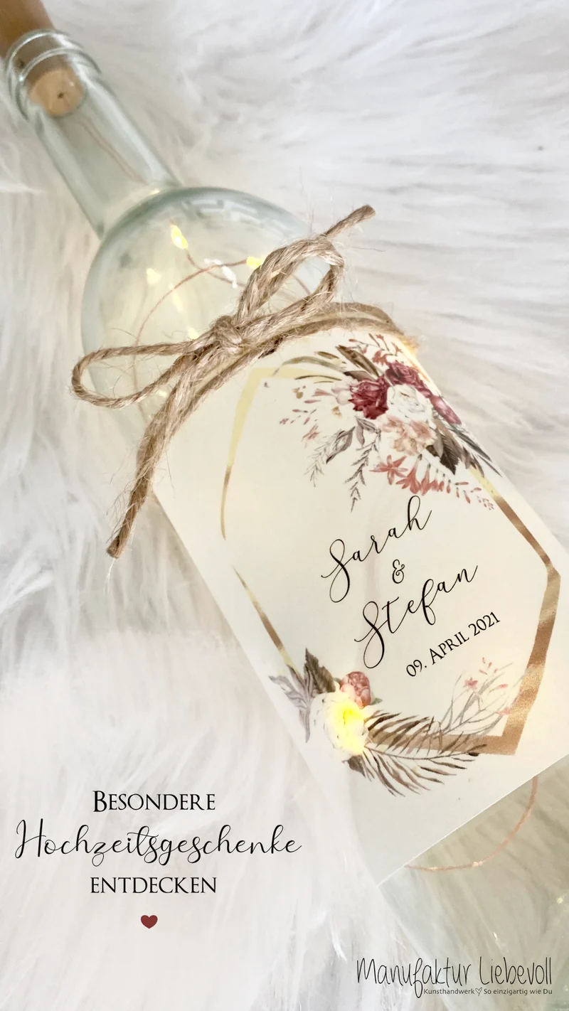 Personalisiertes Flaschenlicht zur Hochzeit | Besonderes Hochzeitsgeschenk | Handgefertigt mit den Namen des Paares und dem Hochzeitsdatum