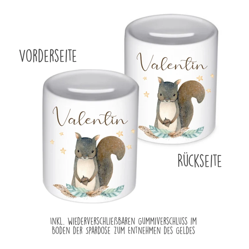 Spardose Eichhörnchen mit Namen für Kinder | Personalisiertes Geschenk für Mädchen u. Jungen | Originelles Geldgeschenk u. handgefertigte Geschenkidee | 11 Motive zur Auswahl