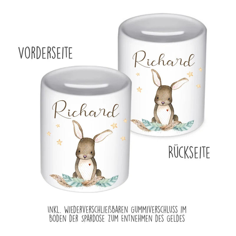 Tolle Spardose Hase mit Herz mit Namen für Kinder | Personalisiertes Geschenk für Mädchen u. Jungen | Originelles Geldgeschenk u. handgefertigte Geschenkidee | 11 Motive zur Auswahl