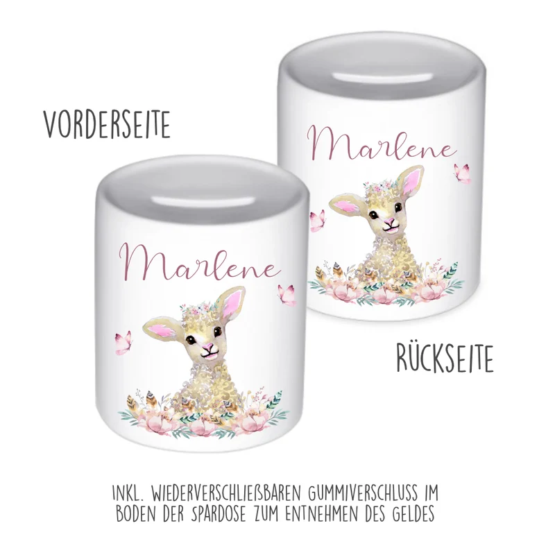 Kinder Spardose Tiermotiv Schaf mit Namen für Mädchen | Personalisiertes Geschenk für Kinder | Originelles Geldgeschenk u. handgefertigte Geschenkidee | 11 Motive zur Auswahl
