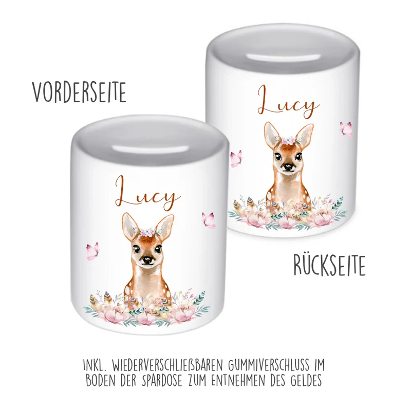 Tiermotiv Spardose Rehkitz mit Namen für Kinder | Personalisiertes Geschenk für Mädchen | Originelles Geldgeschenk u. handgefertigte Geschenkidee | 11 Motive zur Auswahl