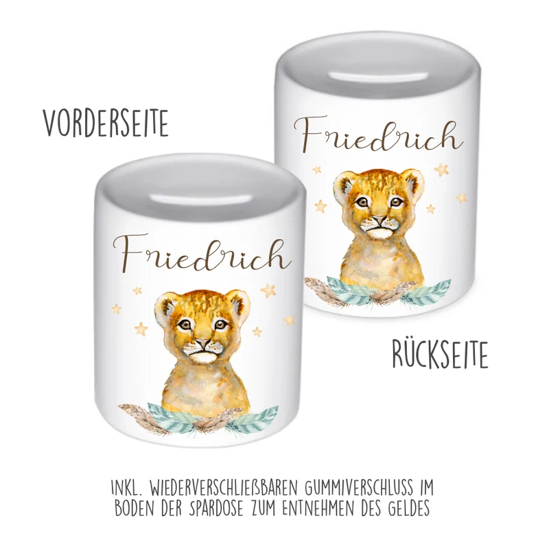 Kinder Spardose Löwe mit Namen für Kinder | Personalisiertes Geschenk für Mädchen u. Jungen | Originelles Geldgeschenk u. handgefertigte Geschenkidee | 11 Motive zur Auswahl