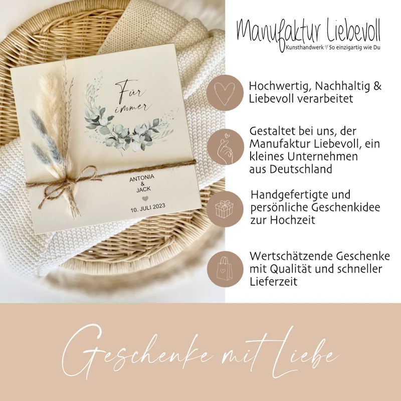 Geschenk zur Hochzeit, Personalisiertes Hochzeitsgeschenk "Für immer", Holzbild mit Namen und Datum des Brautpaares