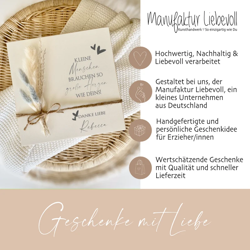Abschiedsgeschenk für Erzieher/in | Holzbild mit Namen, Spruch & Blumen als Dankeschön Geschenk | Kindergarten Geschenkidee zum Abschied | Danke | Manufaktur Liebevoll