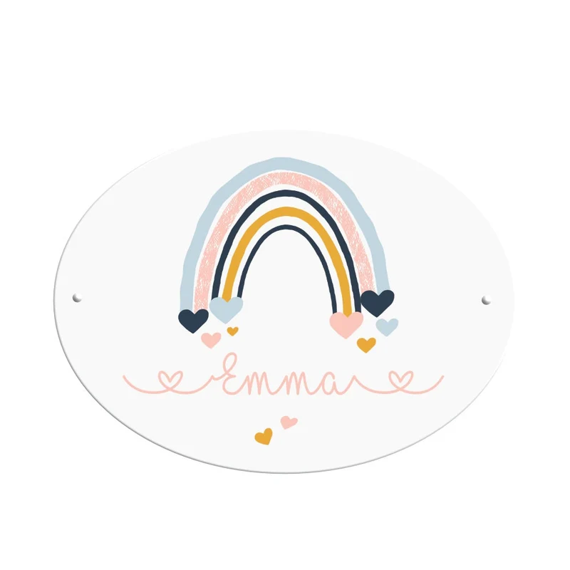 Namensschild für das Kinderzimmer | Ovales Schild für Mädchen u. Jungen | Personalisiert mit dem Namen und einen Regenbogen | 2 Farbvarianten zur Auswahl