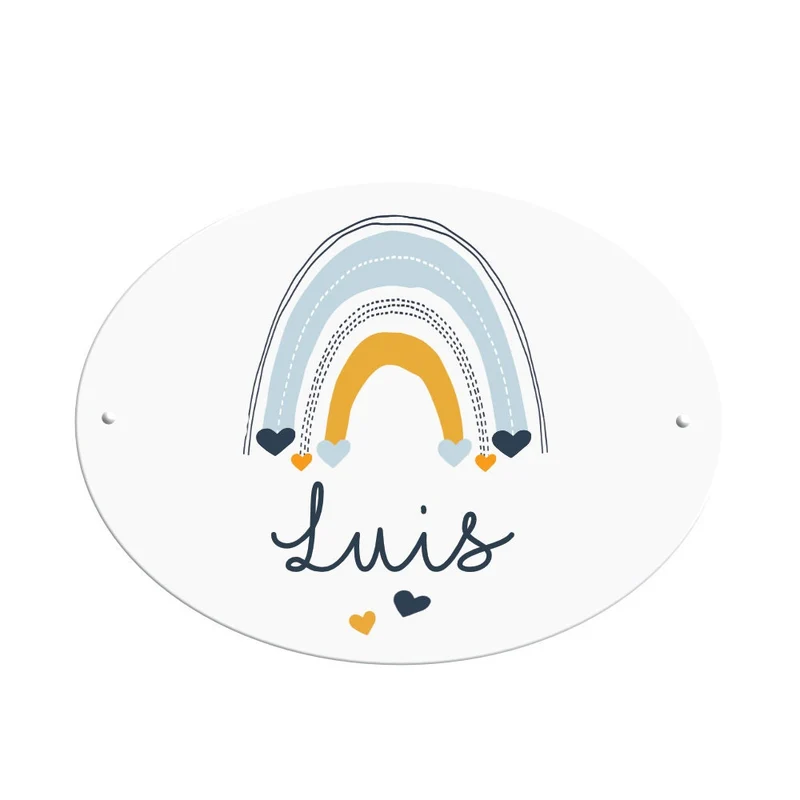 Namensschild für das Kinderzimmer | Ovales Schild für Mädchen u. Jungen | Personalisiert mit dem Namen und einen Regenbogen | 2 Farbvarianten zur Auswahl