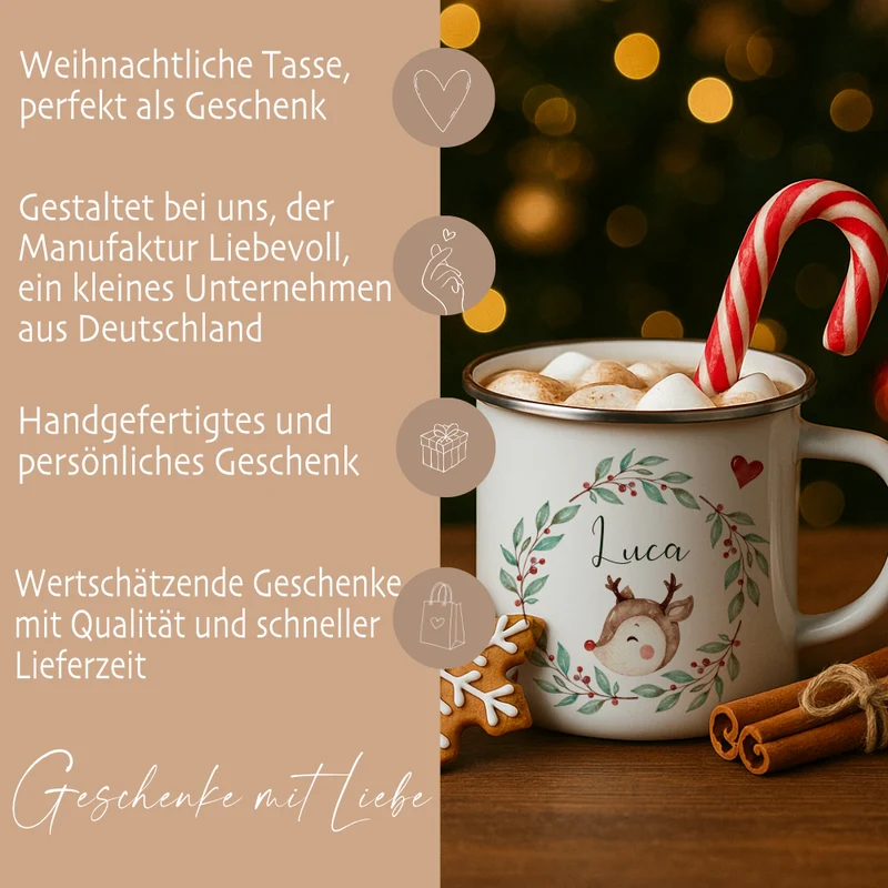 Personalisierte Emaille Tasse Weihnachten mit Namen – Kinder Becher Rentier & Herz Motiv – Geschenkidee Advent, Nikolaus, Weihnachtsgeschenk