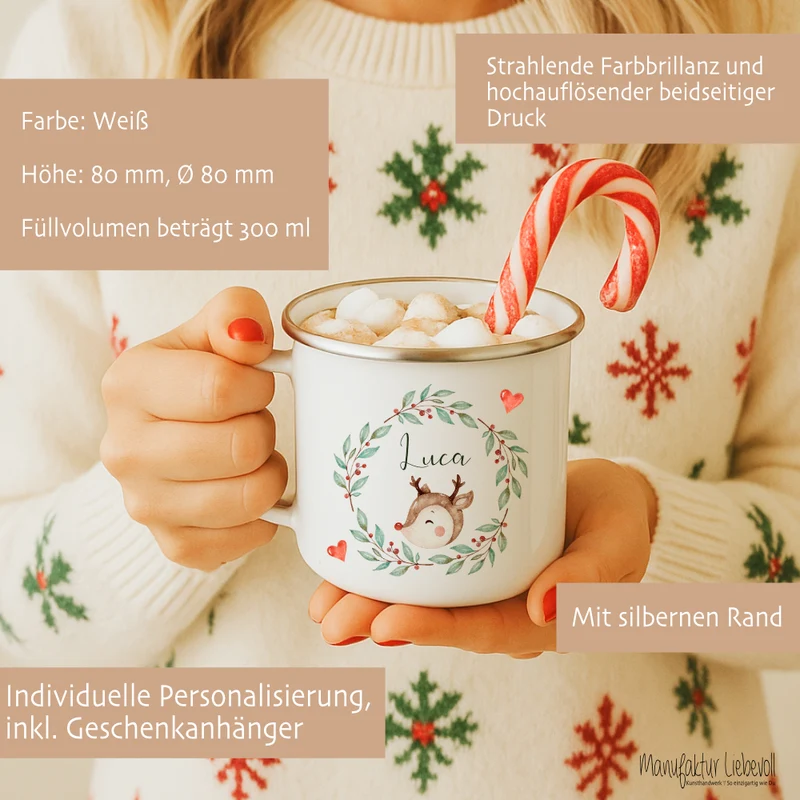 Personalisierte Emaille Tasse Weihnachten mit Namen – Kinder Becher Rentier & Herz Motiv – Geschenkidee Advent, Nikolaus, Weihnachtsgeschenk
