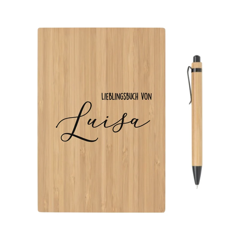 Personalisiertes Notizbuch "Lieblingsbuch" mit Namen | Buch aus Bambus und Kugelschreiber | Persönliche Geschenkidee für Sie u. Ihn