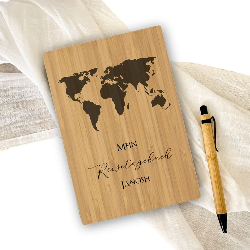 Reisetagebuch zum Selberschreiben | Notizbuch mit Name u. Weltkarte | Personalisiertes Geschenk für Sie u. Ihn