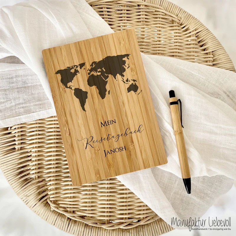 Reisetagebuch zum Selberschreiben | Notizbuch mit Name u. Weltkarte | Personalisiertes Geschenk für Sie u. Ihn