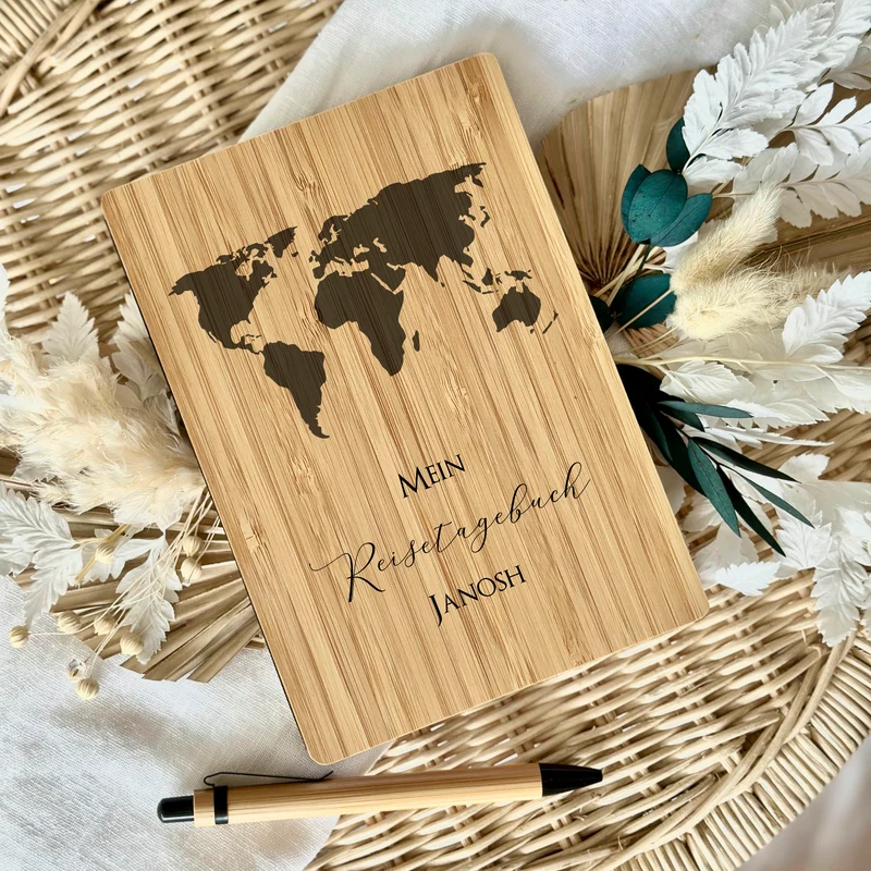Reisetagebuch zum Selberschreiben | Notizbuch mit Name u. Weltkarte | Personalisiertes Geschenk für Sie u. Ihn