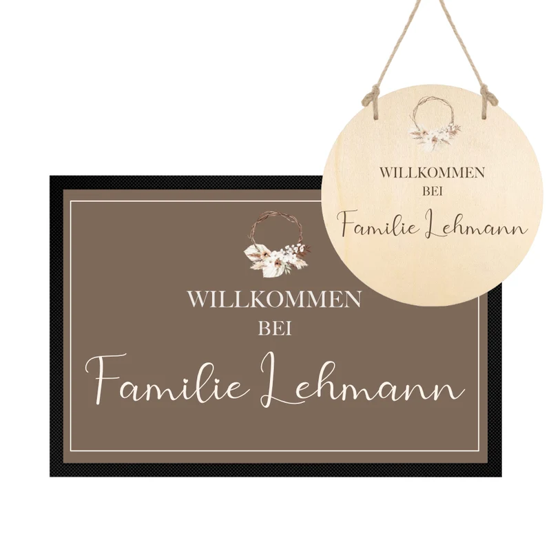 Personalisierte Boho Fußmatte mit dem Namen der Familie | Optional als Set mit Türschild