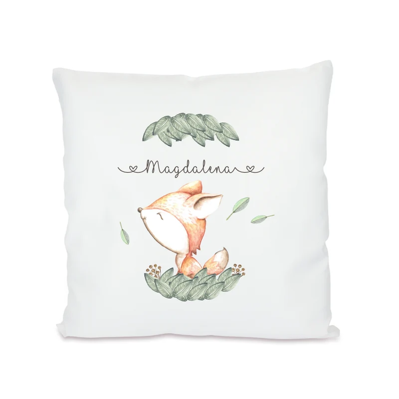 Kinderkissen "Fuchs" mit dem Namen des Kindes | Besondere Geschenkidee u. personalisiertes Geschenk für Mädchen und Jungen | Schöne Dekoration für das Kinderzimmer | 4 Motivvarianten zur Auswahl