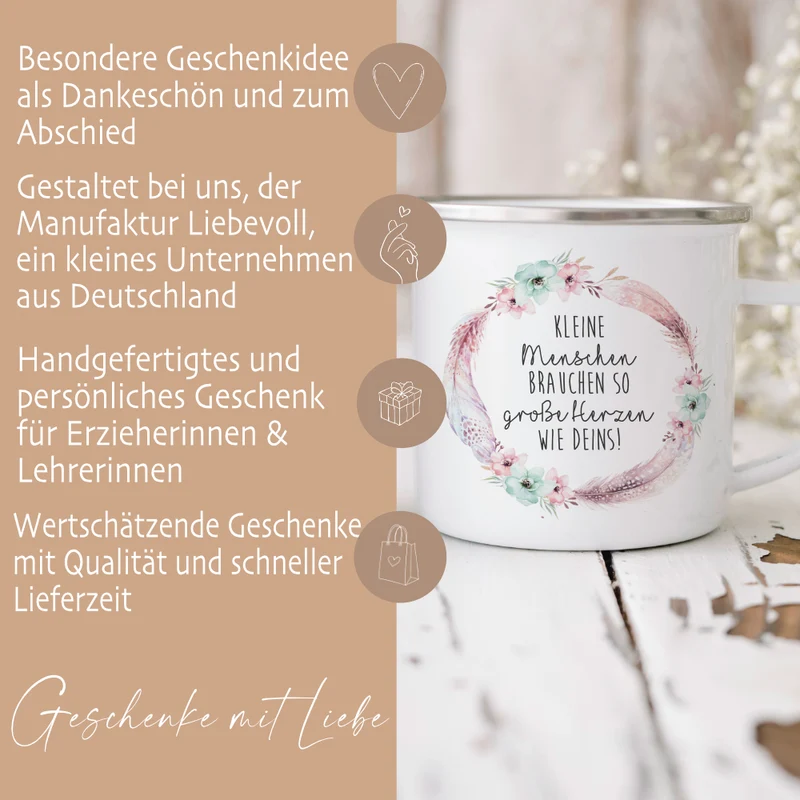 Tasse mit Spruch "Kleine Menschen brauchen so große Herzen" | Besondere Geschenkidee u. schönes Geschenk für Erzieherinnen, Lehrerinnen, Hebammen u. Krankenschwestern | Persönliches Dankeschön u. originelles Abschiedsgeschenk