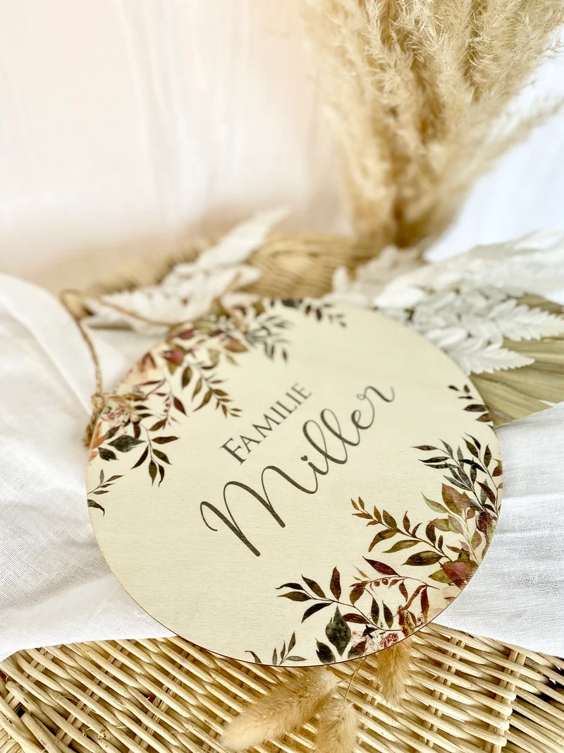 Personalisiertes Türschild aus Holz "Eukalyptus" | Besondere Dekoration für den Eingang und schöne Geschenkidee für Familien | 3 Motivvarianten zur Auswahl