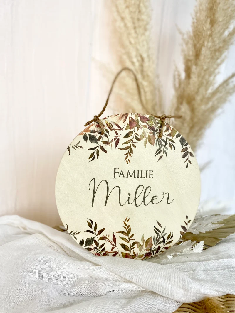 Personalisiertes Türschild aus Holz "Eukalyptus" | Besondere Dekoration für den Eingang und schöne Geschenkidee für Familien | 3 Motivvarianten zur Auswahl
