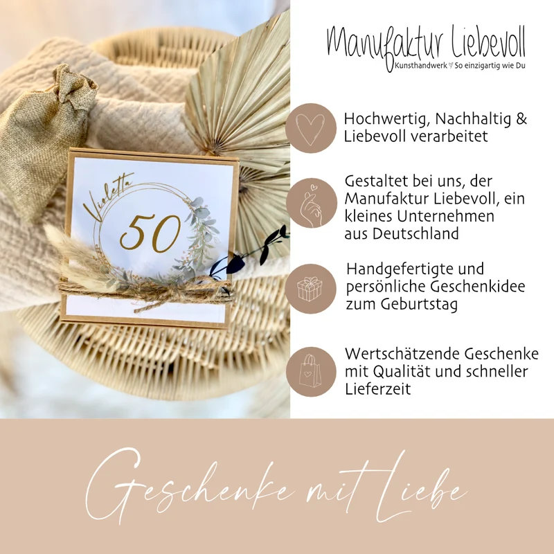 Personalisiertes Geldgeschenk zum runden Geburtstag, Glückwünsche 18. 20. 30. 40. 50. 60. 70. 80. Geburtstag, Geburtstagsgeschenk, Glückwunschkarte Geschenk Jutesack Trockenblumen