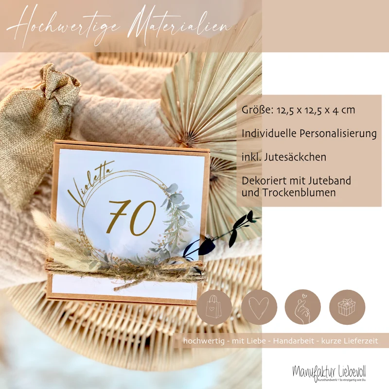 Personalisiertes Geldgeschenk zum runden Geburtstag, Glückwünsche 18. 20. 30. 40. 50. 60. 70. 80. Geburtstag, Geburtstagsgeschenk, Glückwunschkarte Geschenk Jutesack Trockenblumen