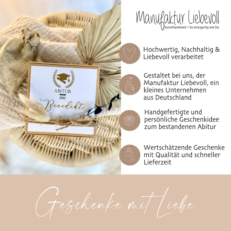 Geldgeschenk zum Abitur, personalisiertes Abi Geschenk mit Karte, Glückwunsch Spruch und Jutebeutel in Geschenkbox als Geschenkidee für Abiturienten