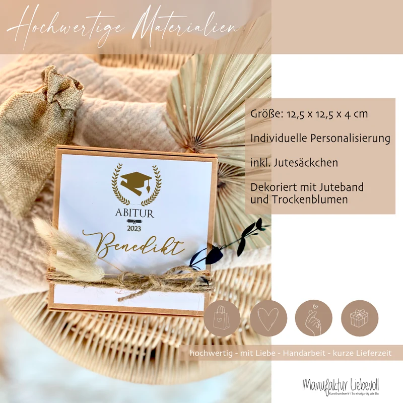 Geldgeschenk zum Abitur, personalisiertes Abi Geschenk mit Karte, Glückwunsch Spruch und Jutebeutel in Geschenkbox als Geschenkidee für Abiturienten