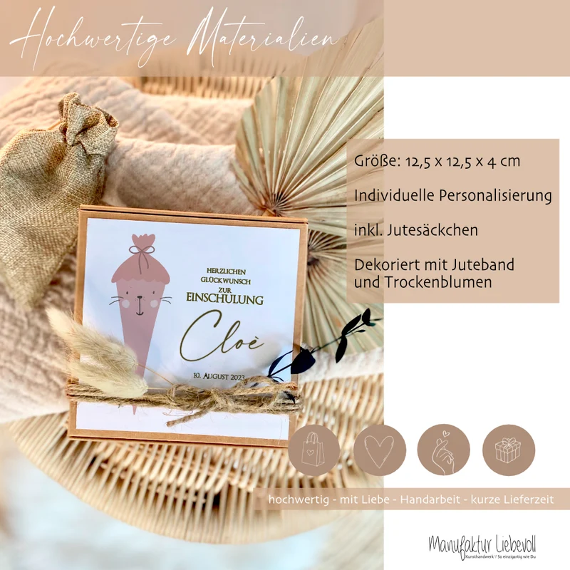 Personalisierte Geschenkbox zur Einschulung, Geschenkschachtel für Erstklässler, Geschenkverpackung zum Schulanfang