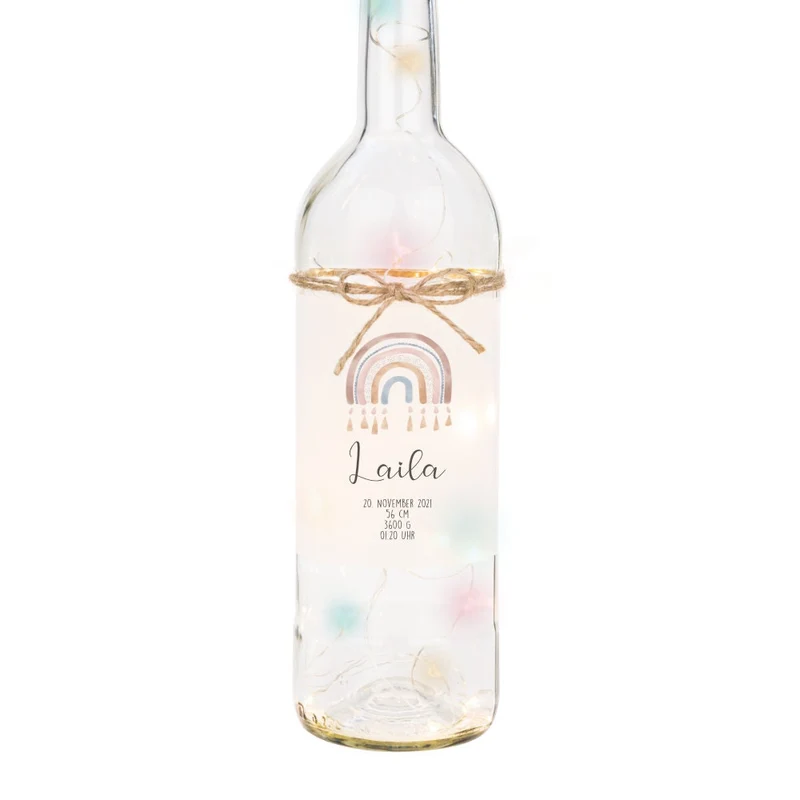 Personalisierte Leuchtflasche "Regenbogen" mit bunten Lichtern | Besonderes Geschenk zur Geburt, schöne Dekoration u. persönliche Erinnerung | 2 Motivvarianten zur Auswahl