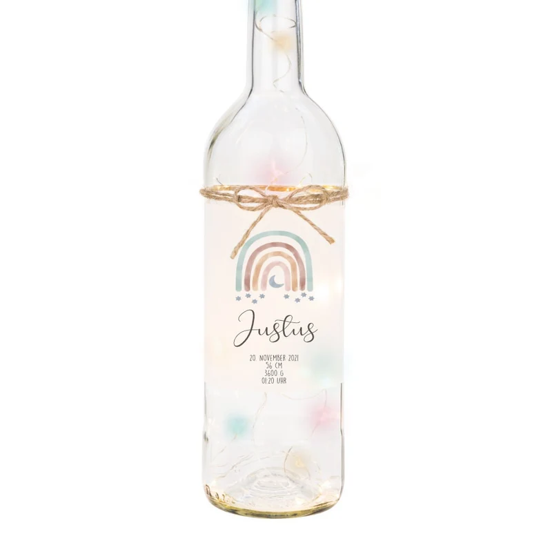 Personalisierte Leuchtflasche "Regenbogen" mit bunten Lichtern | Besonderes Geschenk zur Geburt, schöne Dekoration u. persönliche Erinnerung | 2 Motivvarianten zur Auswahl