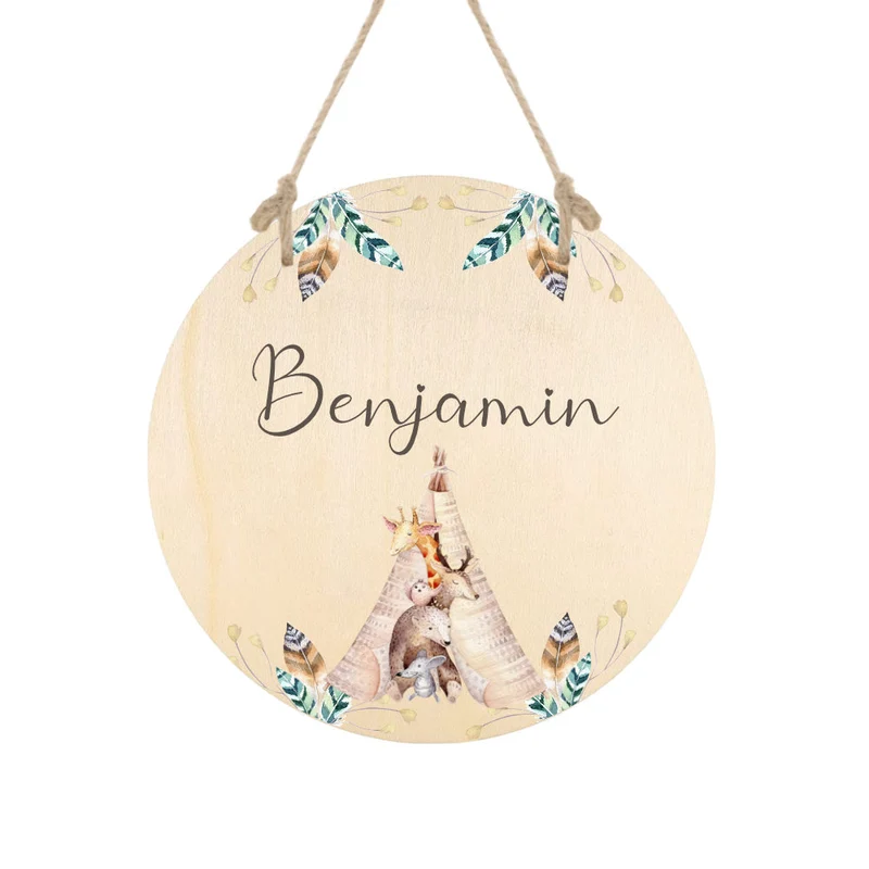 Namensschild mit Tippi und Tiermotiven für Jungen | Schöne Dekoidee für die Tür zum Babyzimmer | Persönliches Holzschild mit dem Namen des Jungen personalisiert | 4 Varianten zur Auswahl