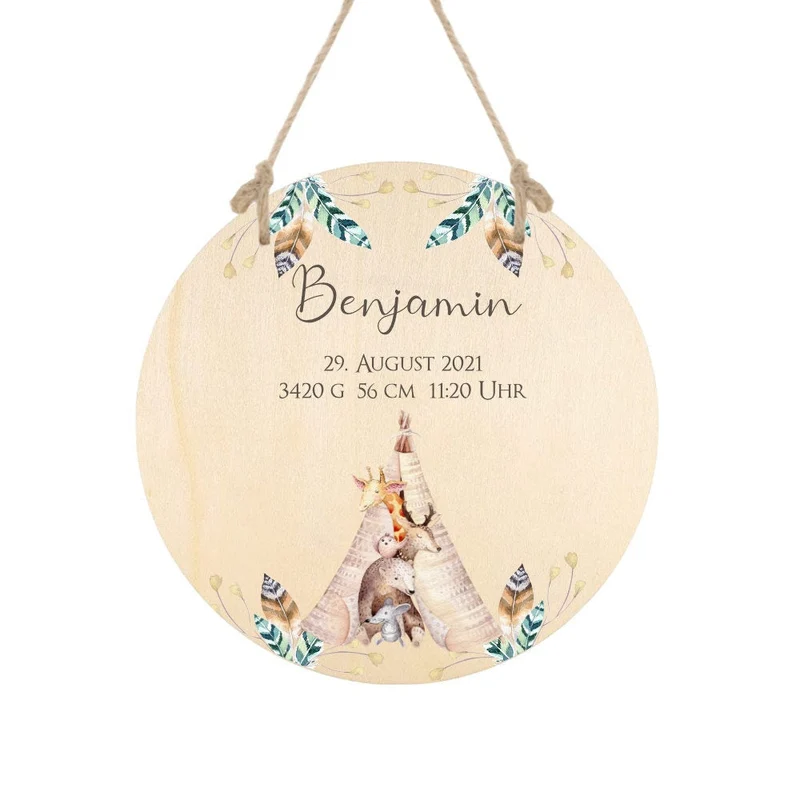 Namensschild mit Tippi und Tiermotiven für Jungen | Schöne Dekoidee für die Tür zum Babyzimmer | Persönliches Holzschild mit dem Namen des Jungen personalisiert | 4 Varianten zur Auswahl