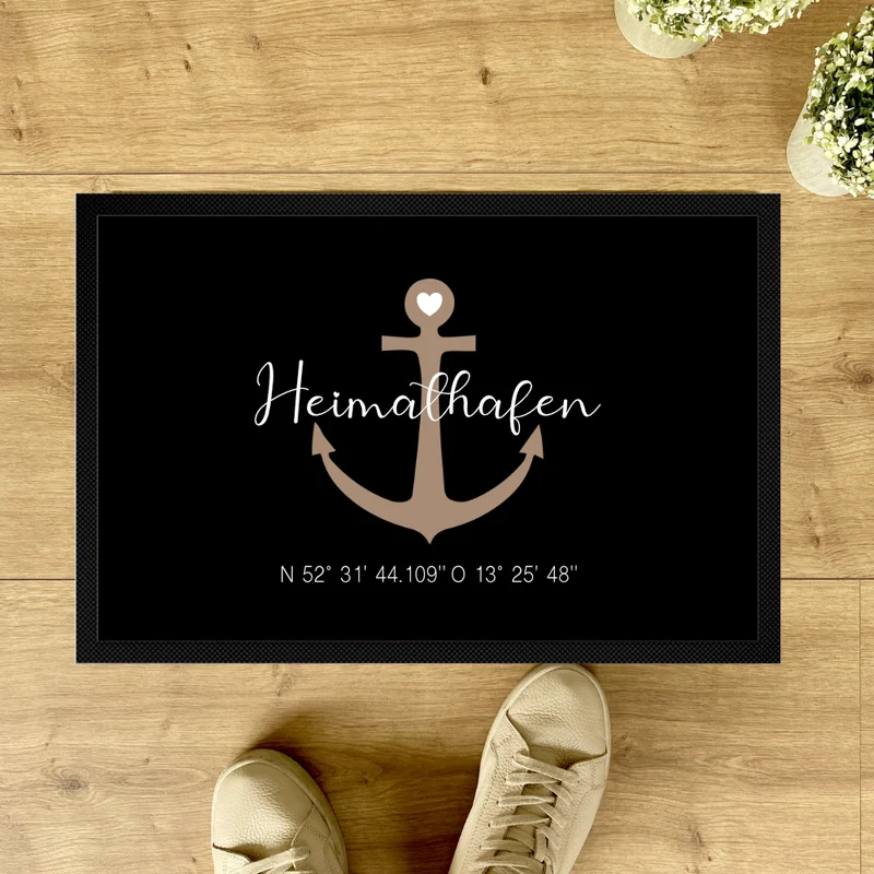 Personalisierte Fußmatte Heimathafen mit Koordinaten u. Anker | Optional als Set mit Türschild erhältlich