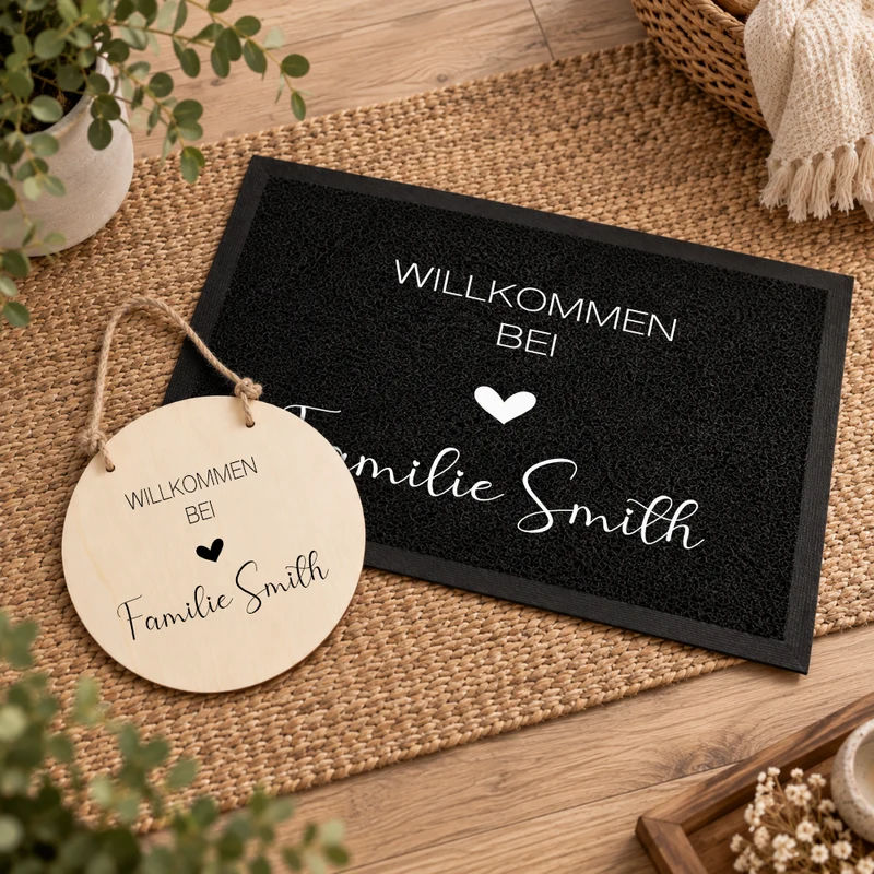 Personalisierte Fußmatte & Türschild aus Holz – Willkommen bei Familie