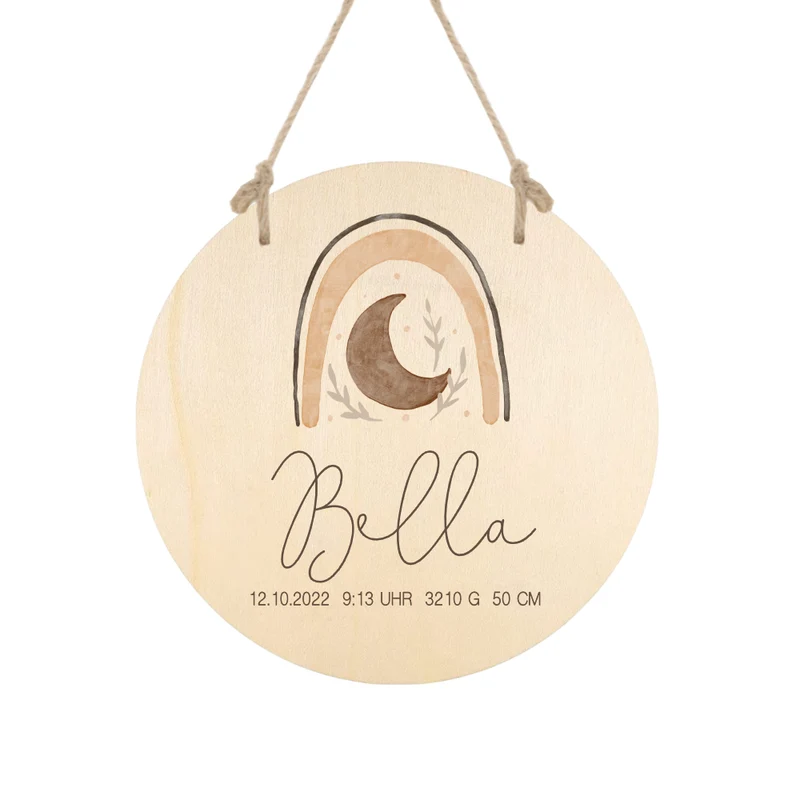 Personalisiertes Geschenk "Regenbogen" für Babys zur Geburt u. Taufe | Babygeschenk mit dem Namen u. den Geburtsdaten | Boho Holzschild für das Babyzimmer