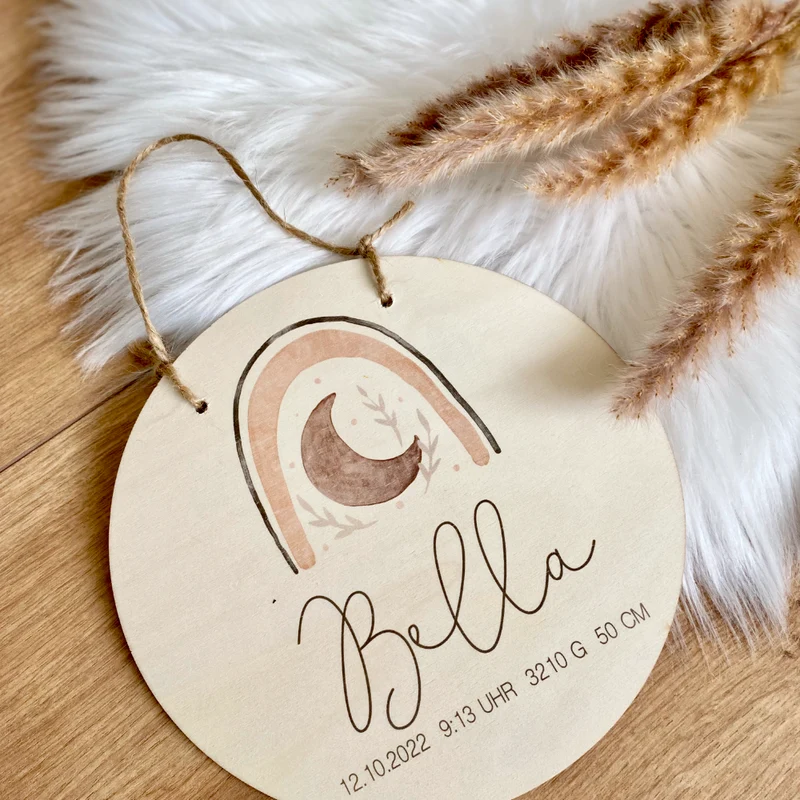Personalisiertes Geschenk "Regenbogen" für Babys zur Geburt u. Taufe | Babygeschenk mit dem Namen u. den Geburtsdaten | Boho Holzschild für das Babyzimmer