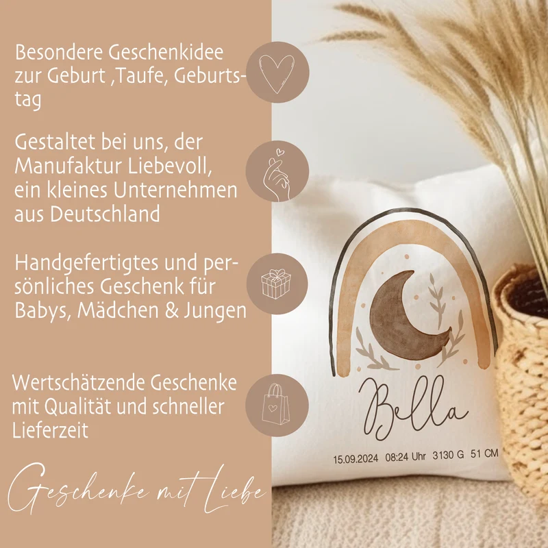 Personalisiertes Kissen mit Boho Regenbogen | Geschenk mit Namen für Mädchen und Jungen | Kissen mit Geburtsdaten für Neugeborene
