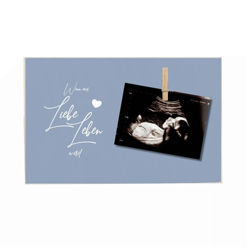 Tolles Fotogeschenk aus Holz für werdende Eltern | Holzbild mit Spruch "Wenn aus Liebe Leben wird“ | Memoboard mit Holzklammer zum selbstständigen Befestigen eines Fotos oder des Ultraschallbildes | 3 Farbvarianten zur Auswahl