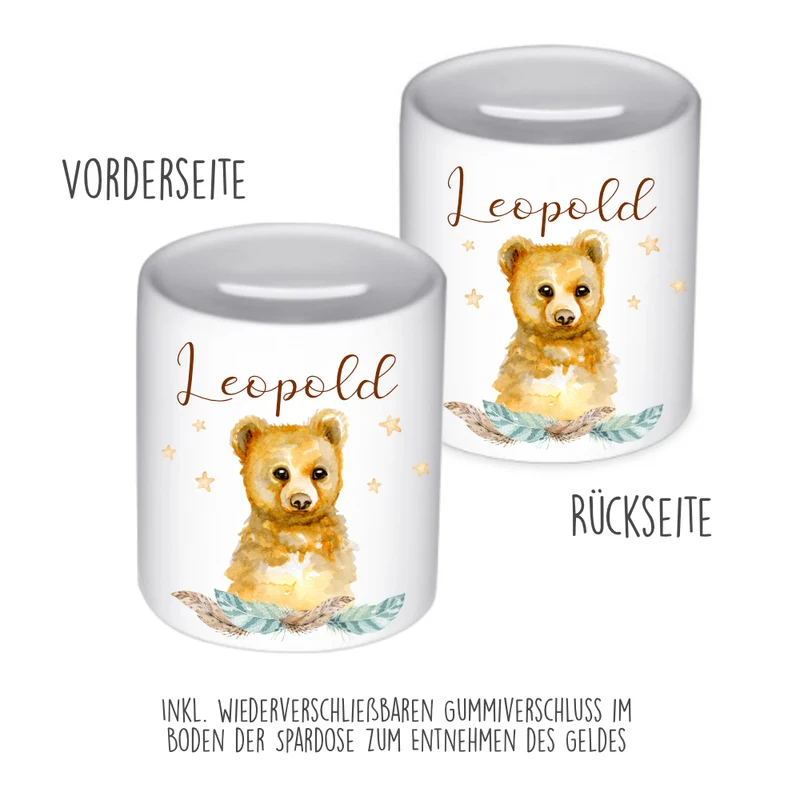 Kinder Spardose Bär mit Namen für Jungen und Mädchen | Personalisiertes Geschenk für Kinder | Originelles Geldgeschenk u. handgefertigte Geschenkidee | 11 Motive zur Auswahl