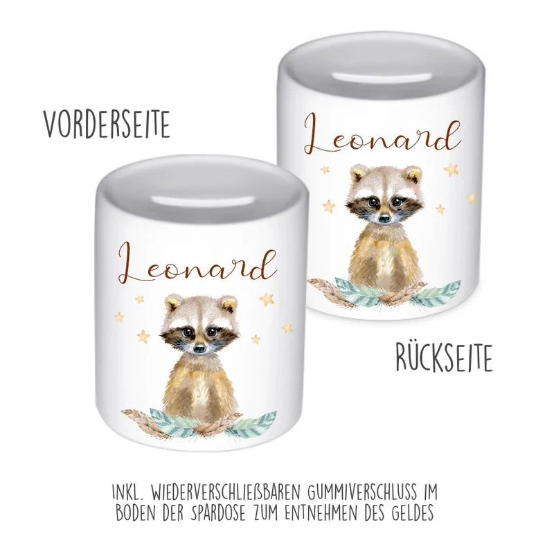 Tiermotiv Spardose Waschbär mit Namen für Kinder | Personalisiertes Geschenk für Mädchen u. Jungen | Originelles Geldgeschenk u. handgefertigte Geschenkidee | 11 Motive zur Auswahl