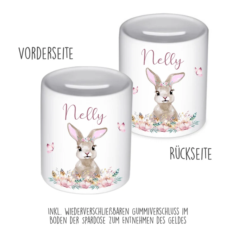 Spardose Hase mit Namen für Kinder | Personalisiertes Geschenk für Mädchen | Originelles Geldgeschenk u. handgefertigte Geschenkidee | 11 Motive zur Auswahl