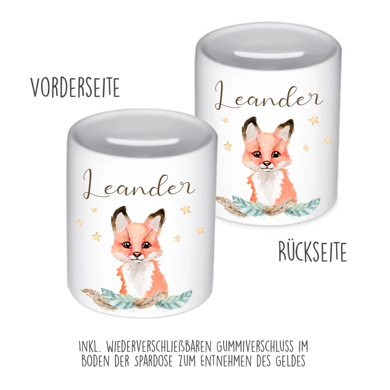 Tiermotiv Spardose Fuchs mit Namen für Kinder | Personalisiertes Geschenk für Mädchen u. Jungen | Originelles Geldgeschenk u. handgefertigte Geschenkidee | 11 Motive zur Auswahl