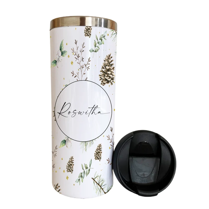 Weihnachtlicher Thermobecher "Floral" mit Namen | Coffee to go Thermobecher aus Edelstahl in Weiß für Weihnachten und Winter